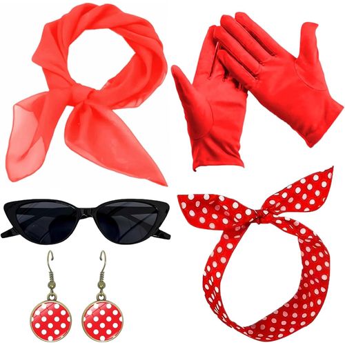 Kalanka-Années 50 Costume Accessoires,5 Pcs Accessoire Année 50 Femme,Bandeau À Pois Mousseline Bandana Boucles D'oreilles Lunettes, Gants Rouges,Cosplay Party Carnaval Déguisement