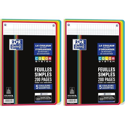 Kalanka-Oxford Feuilles Simples Color System A4 Perforées 200 Pages Grands Carreaux Seyès 5 Couleurs De Cadres Assorties Sous Film, Noir (Lot De 2)