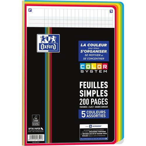 Feuilles Simples Color System A4 Perforées 200 Pages Grands Carreaux Seyès 5 Couleurs De Cadres Assorties Sous Film, Noir[Z102]
