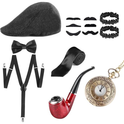 Kalanka-Accessoire Annee 20 Homme, 14pcs Années 1920 Hommes Accessoires Gatsby Costume Gangster Deguisement, Années 1920 Hommes Déguisements Accessoires Avec Chapeau Panama