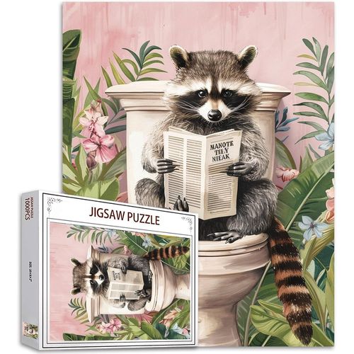 KALANKA-Puzzle 1 000 pièces : Puzzle 1 000 pièces pour adultes - Puzzle coloré pour décoration murale, jeux et activités en famille, cadeau - Raton laveur lisant le journal dans cabinet de toilette