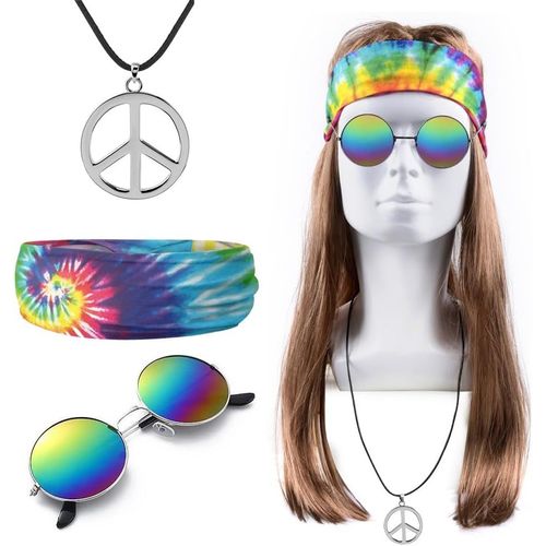 Tianyi-Deguisement Annees 80s 70s Deguisement Hippie Femme Homme - Perruque T Shirt Lunettes Collier De Paix Accessoires, Costume Halloween/Disco/Hippie/Carnaval/Anniversaire/Fête