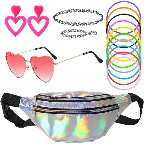 Kalanka-17 Pcs Déguisement Année 80 Accessoire Femme, Accessoires Des Années 90, Sac Banane, Boucles D'oreilles, Lunettes, Disco Costume Vetement Fête