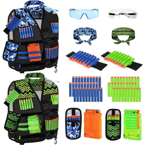 KALANKA-Gilet Tactique Enfants pour Nerf N-Strike Elite Series, avec 60 fléchettes, étui à fléchettes, Bracelet, Masque Facial, chargeurs et Lunettes(Bleu + Vert)