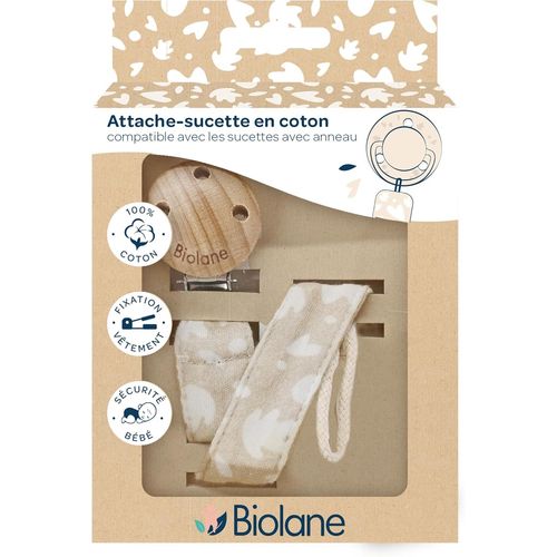 Kalanka-Biolane - Attache Tétine Bébé - Pour Tétine Avec Anneau - Tissu 100% Coton - Beige - Fixation Cordon - Clip En Bois Et Métal - Double Sécurité & Anti-Glisse