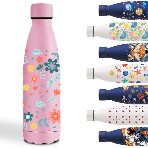 Sept-Gourde, 500ml Gourde Isotherme, Gourde Personnalisée Avec Des Fleur, Facile À Nettoyer, Gourde Enfant Sans Bpa, Facile À Transporter, Bouteille D'eau Pour École, Bureau, Voyage, Sports, Running,