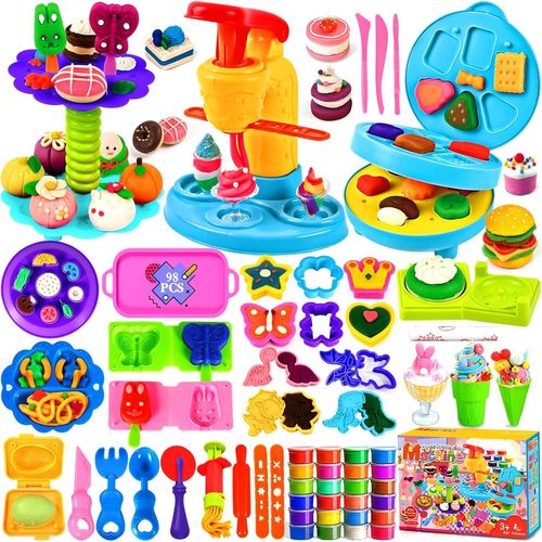 24 Pots Pâte à Modeler98 Pièces Accessoire Pate a Modeler pour EnfantsMachine à Glace Machine à Burger Pâte À Modeler Cadeau de Jouet pour Enfant dès 3 Ans