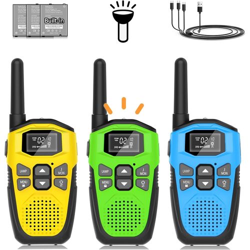 KALANKA-Talkie Walkie Jouet Enfants Longue PortéE, Takie-Walkie Rechargeable USB Type C Lot de 3 Walkie Talkies Jouet Fille 3 Ans, 16 Canaux Radio Lampe De Poche pour Aventures ExtéRieures
