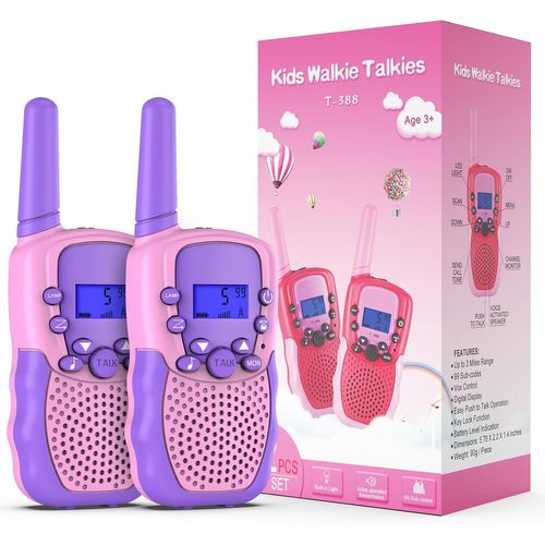 KALANKA-Jouets Filles 3-12 Ans, Talkies Walkies Enfants Radio à 2 Voies avec 8 Canaux, Lampe de Poche LCD Rétro-éclairée, Gamme de 3 Miles pour Aventures Extérieures, Camping, Randonnée (Rose Clair)