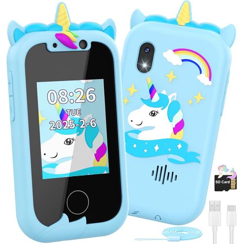 KALANKA-Telephone Portable pour Enfants, Smartphone Portable 2 3 4 5 6 7 8 9 10 11 12 Ans,Téléphone Licornes, Smartphone avec Musique Podomètre Alarme Caméra, Cadeau de Noël pour Enfant