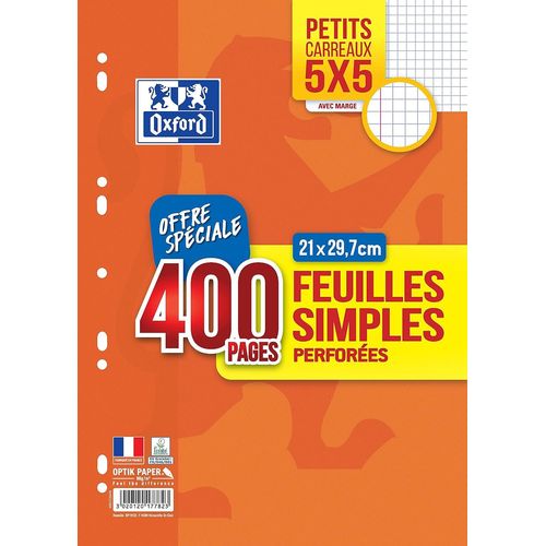 Kalanka-Oxford Lot De 400 Pages Feuilles Simples Petits Carreaux 5x5 Format A4 (21x29,7cm) Perforées