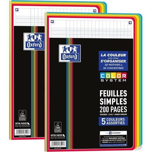 Feuilles Simples Color System, Lot De 2 Pack De Feuille Simple, 200 Feuilles, A4 Perforées, Grand Carreaux Seyès, 5 Couleurs De Cadres Assorties Sous Film[Z55]