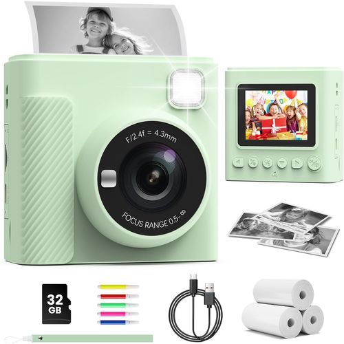 Appareil Photo Instantané Enfants, 1080P Appareil Photo Numérique Enfant & Caméra Vidéo avec Carte de 32GB & Rouleaux de Papier d'impression, Cadeaux pour Garçons & Filles de 3 à 12 Ans