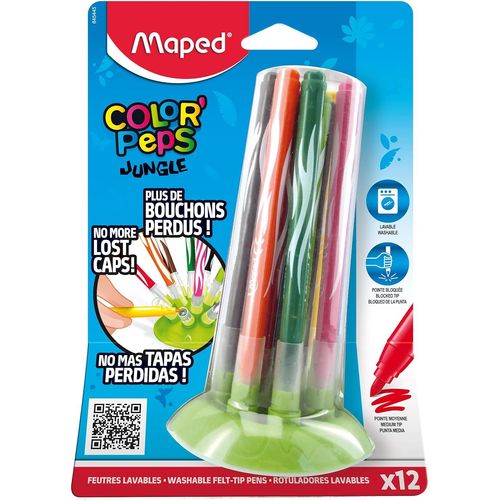 Tianyi-- Feutres Jungle Innovation - 12 Feutres De Coloriage Lavables Et Résistants Au Séchage - Pointe Moyenne Bloquée - Système De Rangement Pop Up Compact - La Fin Des Bouchons Perdus !
