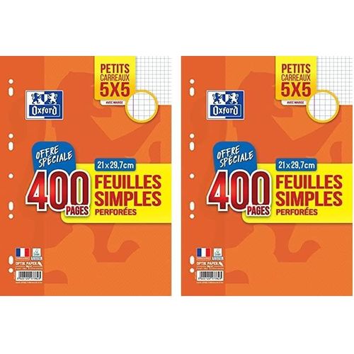 Kalanka-Oxford Lot De 800 Pages Feuilles Simples Petits Carreaux 5x5 Format A4 (21x29,7cm) Perforées