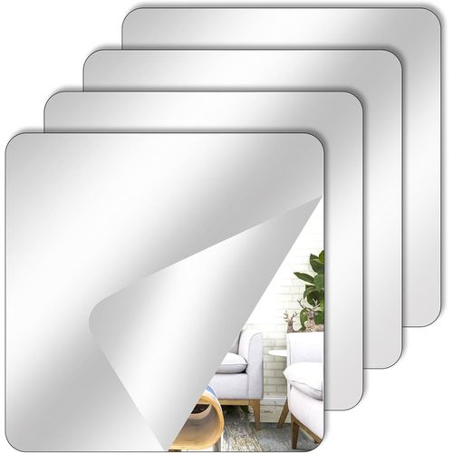 4 Pcs Miroir Autocollant, 15 x 15 cm Petit Acrylique Miroir Adhésif Porte, Miroir Collant Muraux Carrés pour décoration Murale, Porte, Armoire, Salon, Salle de Bain