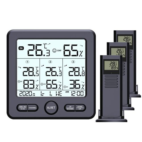 Thermomètre/hygromètre numérique avec 3 capteurs déportés Le noir