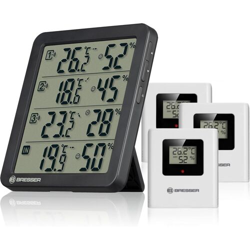 SUBZONAL-Bresser Thermo-hygromètre Quadro NV avec 4 points de mesure, capteur intégré et 3 capteurs sans fil, indicateur de confort Smiley, mémoire Min/Max, IP44, noir
