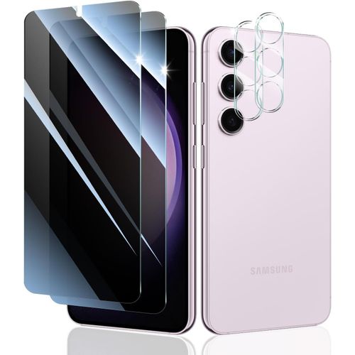 Lot 2 Verres Trempés Anti-Espion + 2 Protections Objectif Pour Samsung Galaxy S23 Fe - Dureté 9h, Anti-Rayures, Revêtement Oléophobe, Bords 2.5d