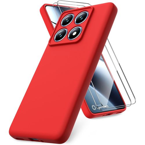 Coque Compatible Avec Xiaomi 14t Pro, 2 Film De Protection En Verre Trempé, Housse Souple En Tpu En Silicone Liquide, Housse En Caoutchouc Antichoc - Rouge