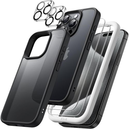 Tea-5 En 1 Mat Coque Pour Iphone 15 Pro 6,1 Pouces Avec 2 Protection D'écran En Verre Trempé Et 2 Protecteur De Caméra, Arrière Translucide Antichoc (Noir)