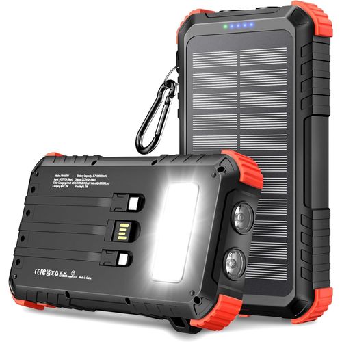Batterie Externe Solaire 26800mah Avec 3 Câbles, Chargeur Solaire Usb C À Charge Rapide 5 Sorties Et 3 Entrées, Batterie Externe Étanche Avec Mousqueton Et Lampe De Poche Pour Téléphones, Tablettes.