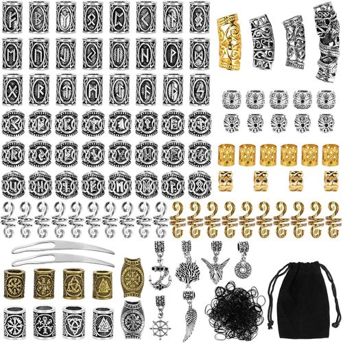 Perles De Barbe,110pcs Cheveux Tressé Bijoux,Bracelet De Bricolage Vintage Collier Espaceurs,Avec 400pcs Elastiques Cheveux Noirs