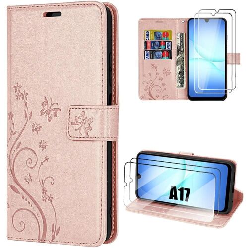 Coque + 2 Verres Trempés pour Samsung Galaxy A17 5G/4G, Flip Case Cuir PU Antichoc Motif Plante Papillon Rose - EFConnection