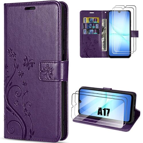 Coque + 2 Verres Trempés pour Samsung Galaxy A17 5G/4G, Protection Cuir PU Motif Fleur Papillon Violet Nuit - EFConnection