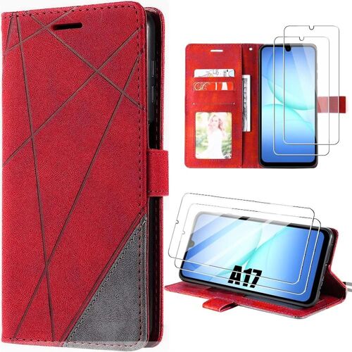 Coque + 2 Verres Trempés pour Samsung Galaxy A17 4G/5G, Antichoc Protection 360° Effet Cuir Rouge - EFConnection