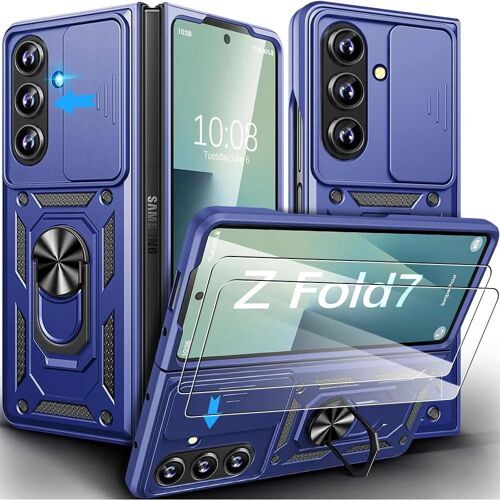 Coque + 2 Verres Trempés pour Samsung Galaxy Z Fold 7, avec Anneau Rotatif et Protection Caméra - Bleu Marine - EFConnection