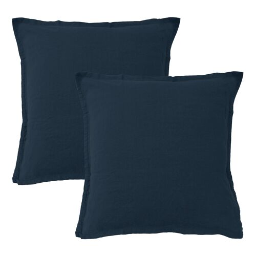 Set De 2 Taies D'oreiller Unies En Lin Lavé Bleu Marine 65x65cm