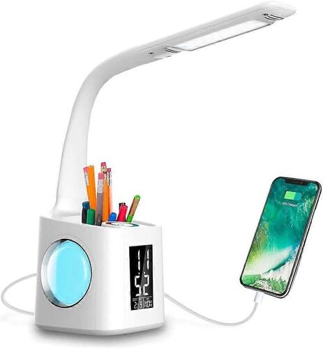 Lampe de bureau LED d'étude avec port de chargement USB, écran, calendrier et veilleuse couleur, table LED à intensité variable pour enfants