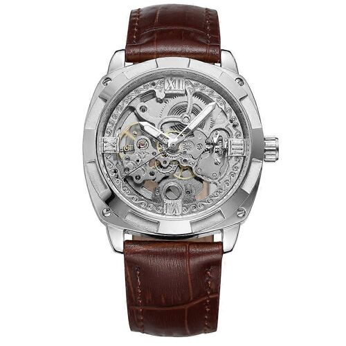 Montre-Bracelet Mécanique Automatique Tendance Pour Homme Avec Bracelet En Cuir Synthétique (Argenté Et Marron)