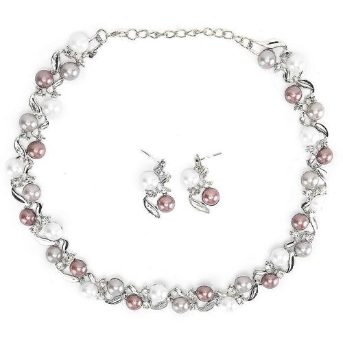 Ensemble De Bijoux De Mariée Avec Collier Et Boucles D'oreilles En Fausses Perles Et Strass (Blanc Argenté)
