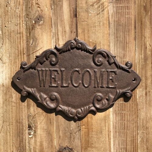 Plaque de porte d'entrée décorative welcome fonte marron 26x16cm