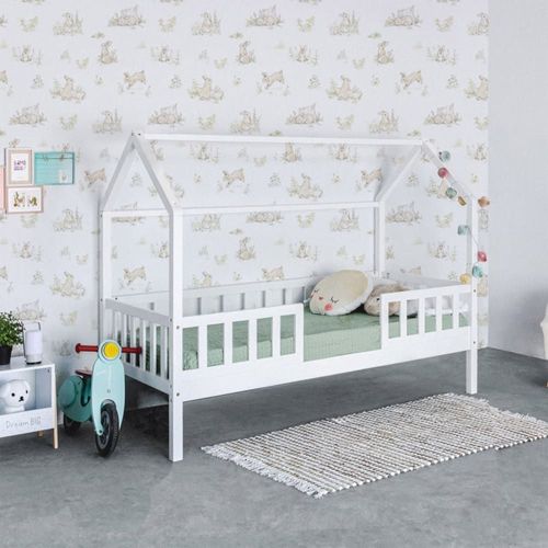 Lit Petite Maison Avec Barrièrre En Bois Blanc 150x200x98cm