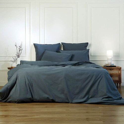 Drap Housse Coton Lavé Bleu Orage 140x200x30