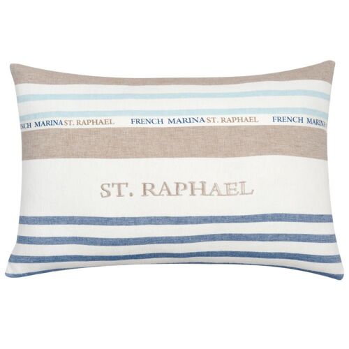 Coussin En Coton Blanc, Bleu, Taupe Motifs À Rayures Tissées 40x60