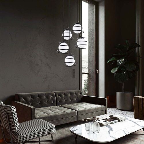 Suspension 5 Lumières Avec Sphères Entourées De Spirales Noires