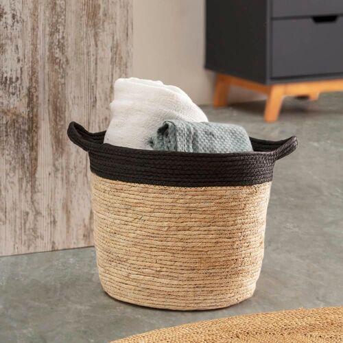 Set de 3 paniers fibre naturelle et papier, noir/beige