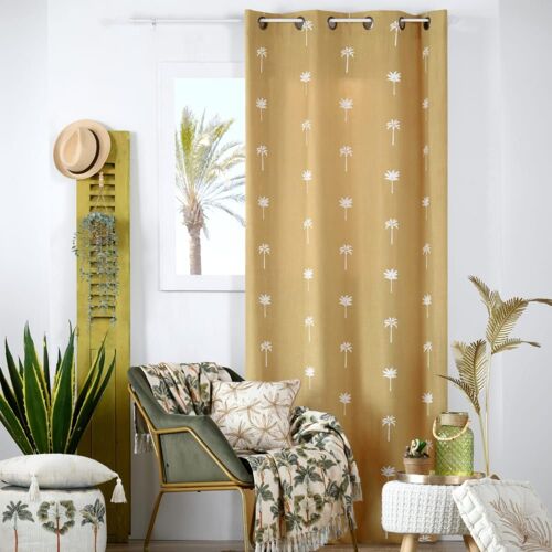 Rideau Motifs Palmier Brodés Coton Jaune Moutarde 140x260 Cm