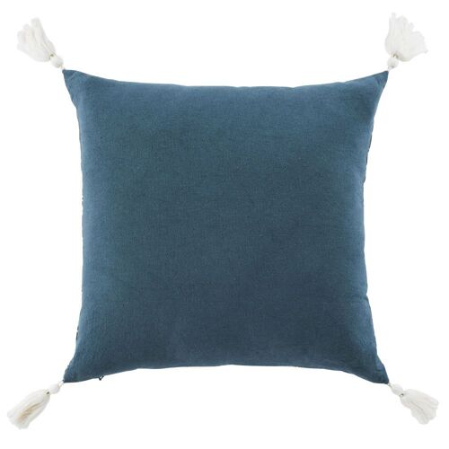 Coussin En Coton Et Lin Imprimé Bleu Canard, Bleu Vert Et Bleu Gris Avec Pompons Écrus 45x45