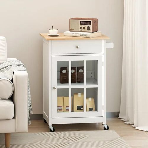 Desserte De Cuisine Costway Plateau En Bois Caoutchouc Roues Verrouillables Tiroir Porte-Serviettes Étagère Réglable Porte En Verre