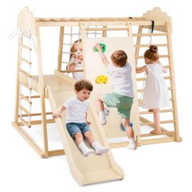 Costway Jouet Escalade 8 En 1 Enfants Montessori - Toboggan, Échelle, Mur, Balançoire Et Barre, Station De Jeux 3 Ans+ Naturel