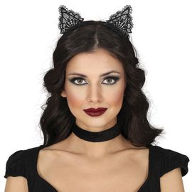 Serre-Tête Chat Noir Oreilles Brodé Dentelle Femme