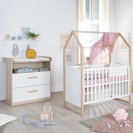 Chambre Bébé 2 Pièces Roba - Cabane - Lit 60x120 Transformable + Commode À Langer Évolutive - Blanc - Chêne