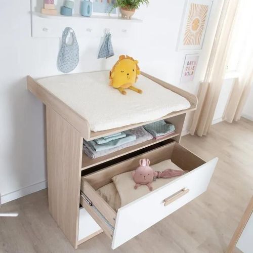 Commode À Langer Évolutive Roba - Cabane - 2 Tiroirs 1 Compartiment Ouvert - Extension À Langer Amovible - Chêne - Blanc