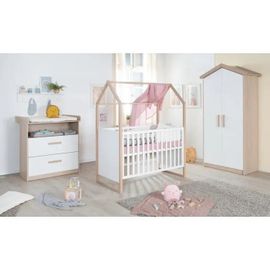 Chambre Bébé Complète Roba - Cabane - Lit 60x120 Transformable + Commode À Langer Évolutive + Armoire - Blanc - Chêne