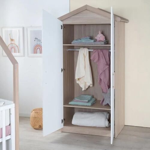 Armoire Maisonnette 2 Portes Roba - Cabane - 1 Tringle Et 2 Étagères - Poignées En Bois Massif - Blanc - Chêne